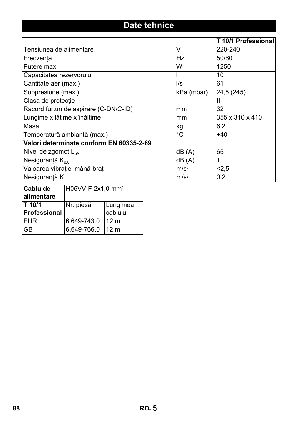 Date tehnice | Karcher T 10-1 Advanced User Manual | Page 88 / 124