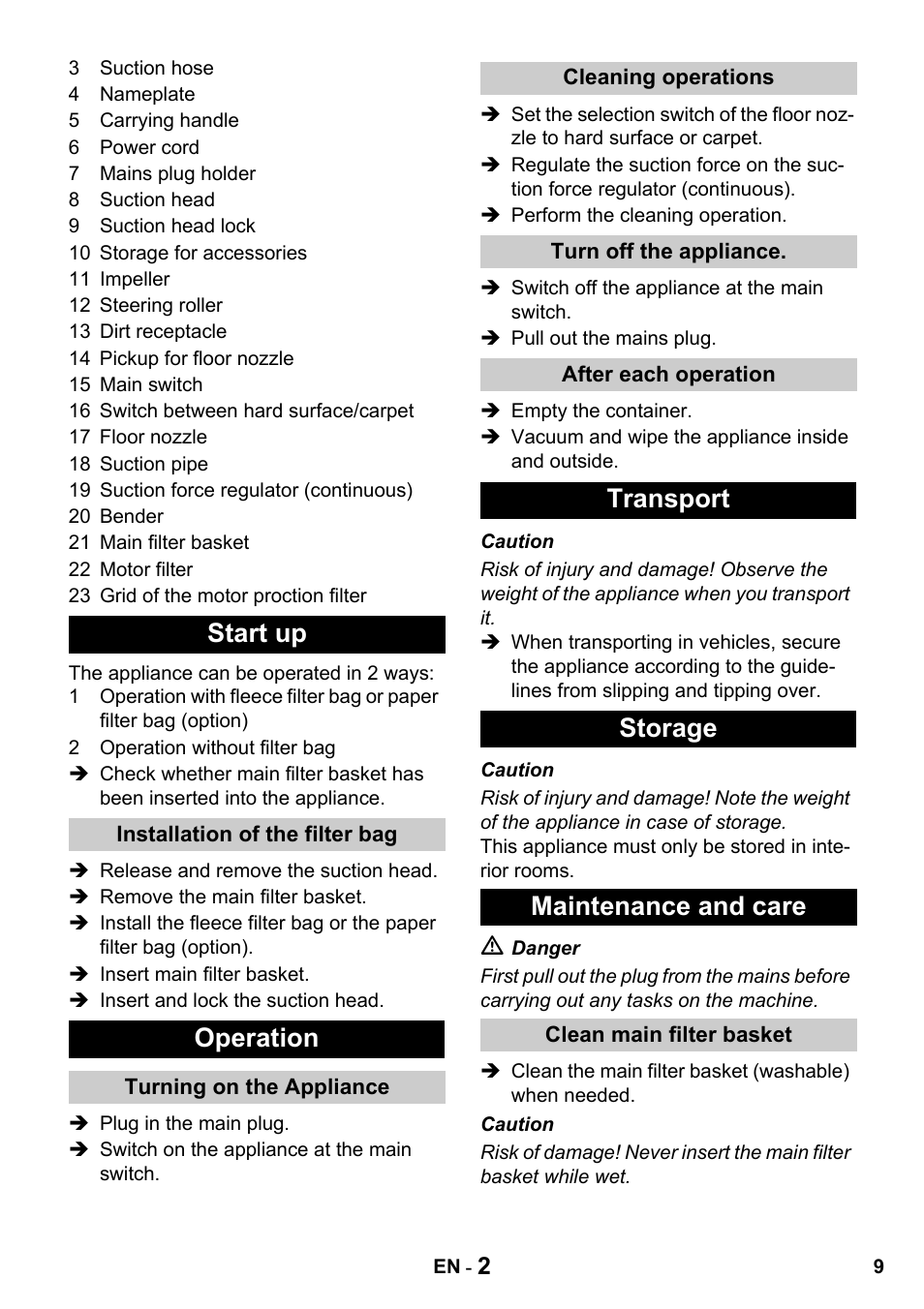 Start up, Operation, Transport storage maintenance and care | Karcher T 10-1 Advanced User Manual | Page 9 / 124