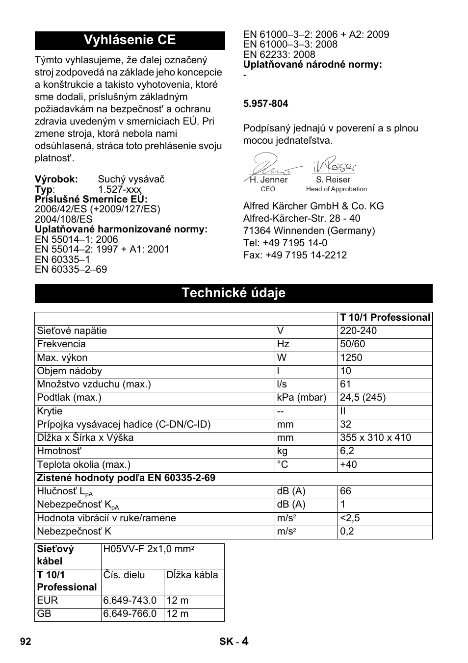 Vyhlásenie ce, Technické údaje | Karcher T 10-1 Advanced User Manual | Page 92 / 124