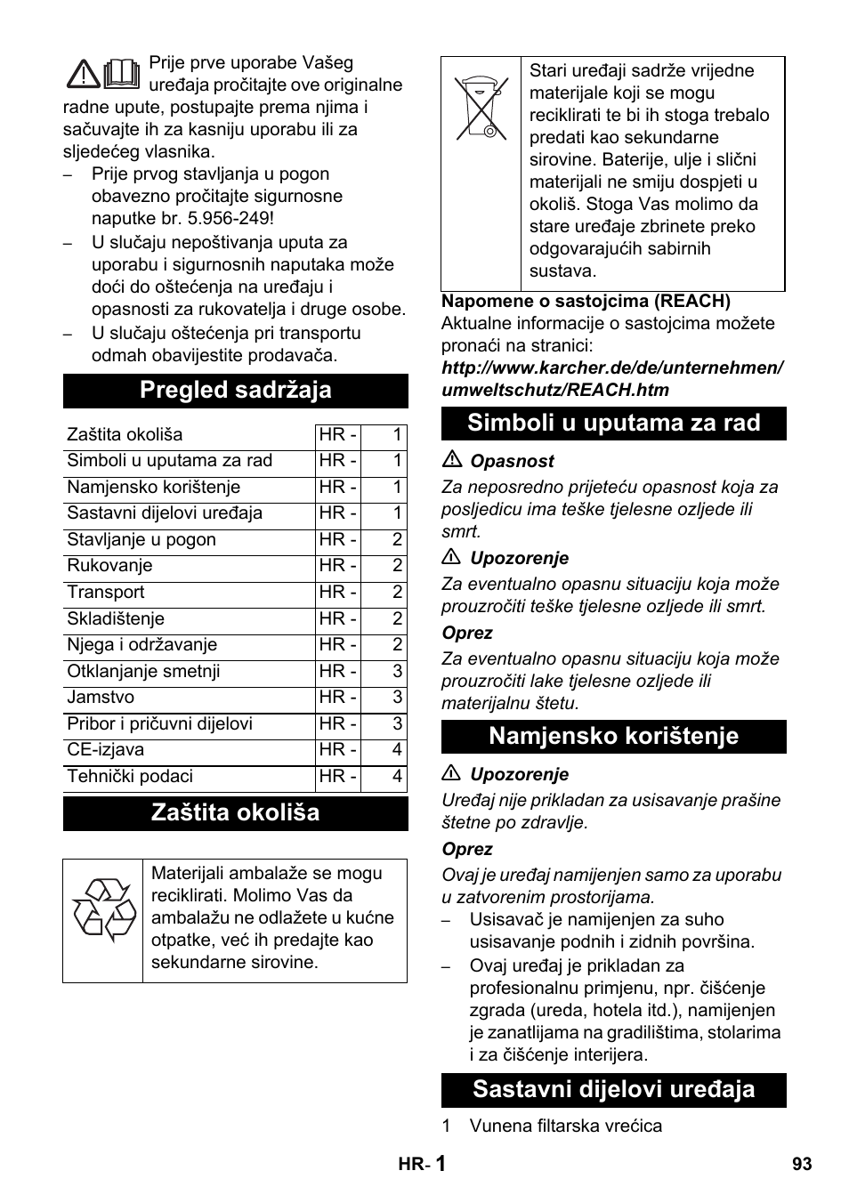 Pregled sadržaja, Zaštita okoliša | Karcher T 10-1 Advanced User Manual | Page 93 / 124