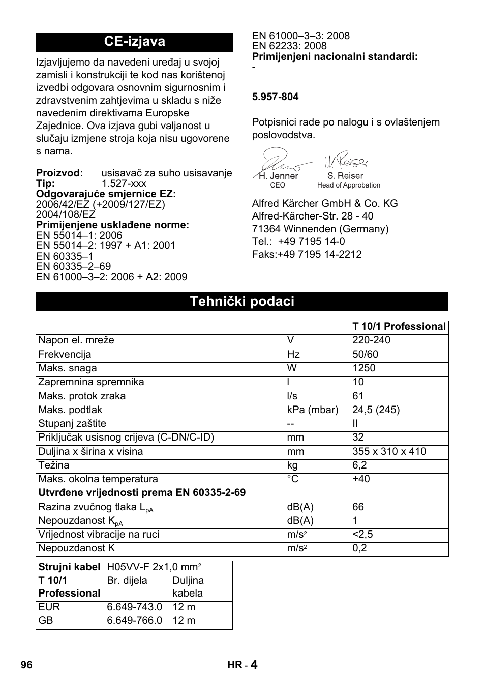 Ce-izjava, Tehnički podaci | Karcher T 10-1 Advanced User Manual | Page 96 / 124