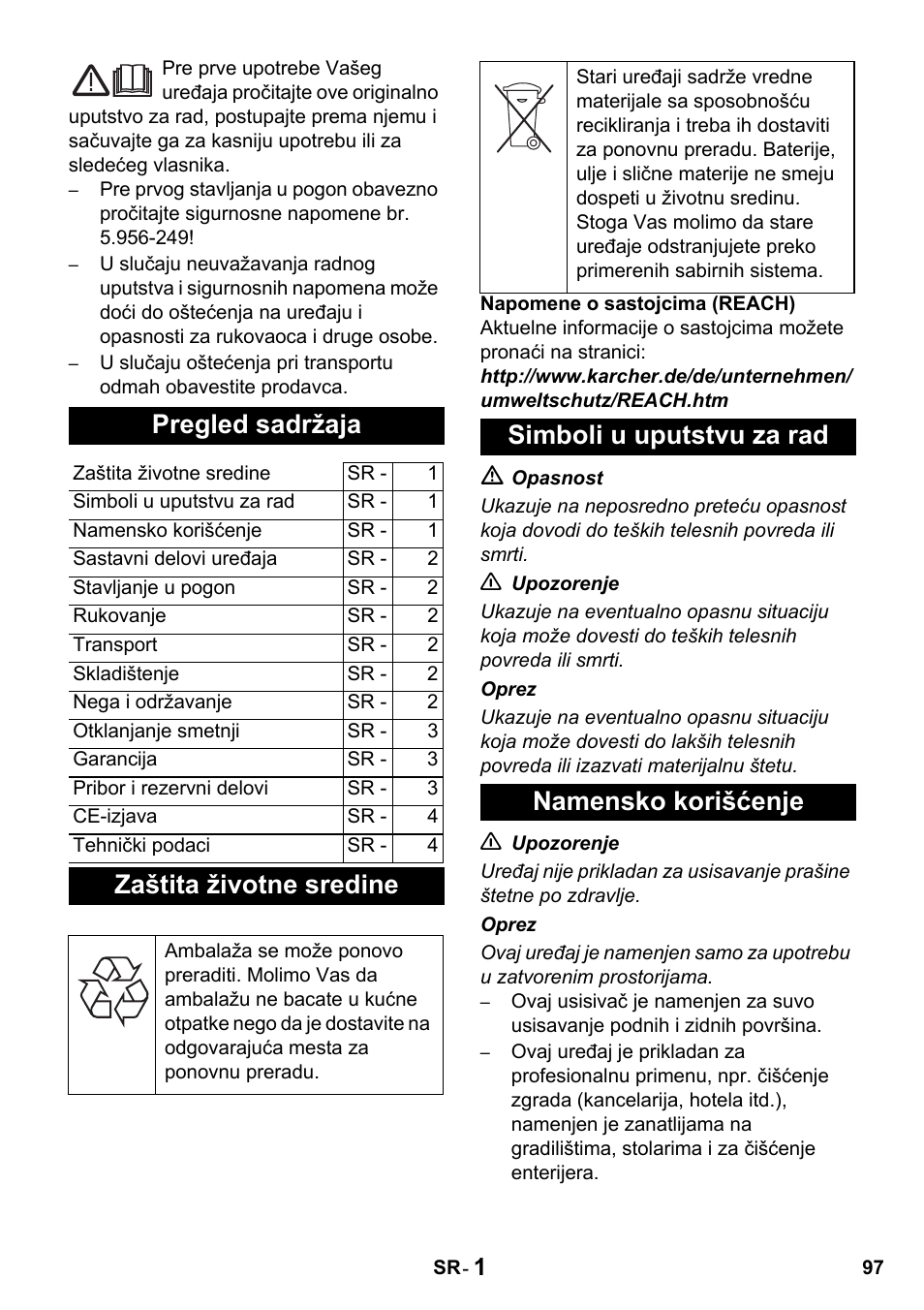 Pregled sadržaja, Zaštita životne sredine, Simboli u uputstvu za rad namensko korišćenje | Karcher T 10-1 Advanced User Manual | Page 97 / 124