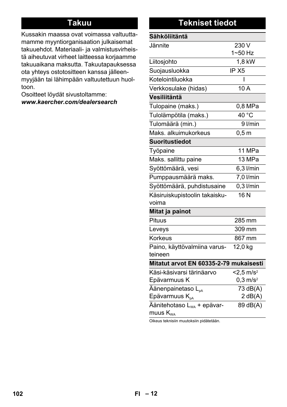 Takuu, Tekniset tiedot, Takuu tekniset tiedot | Karcher K 4 Basic User Manual | Page 102 / 254