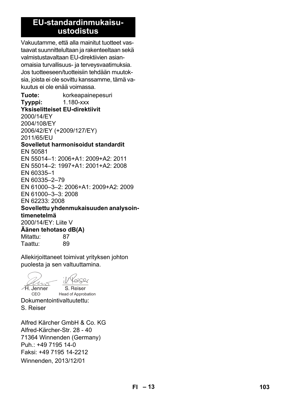 Eu-standardinmukaisu- ustodistus | Karcher K 4 Basic User Manual | Page 103 / 254