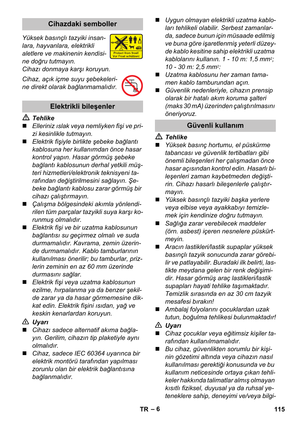 Cihazdaki semboller, Elektrikli bileşenler, Güvenli kullanım | Karcher K 4 Basic User Manual | Page 115 / 254