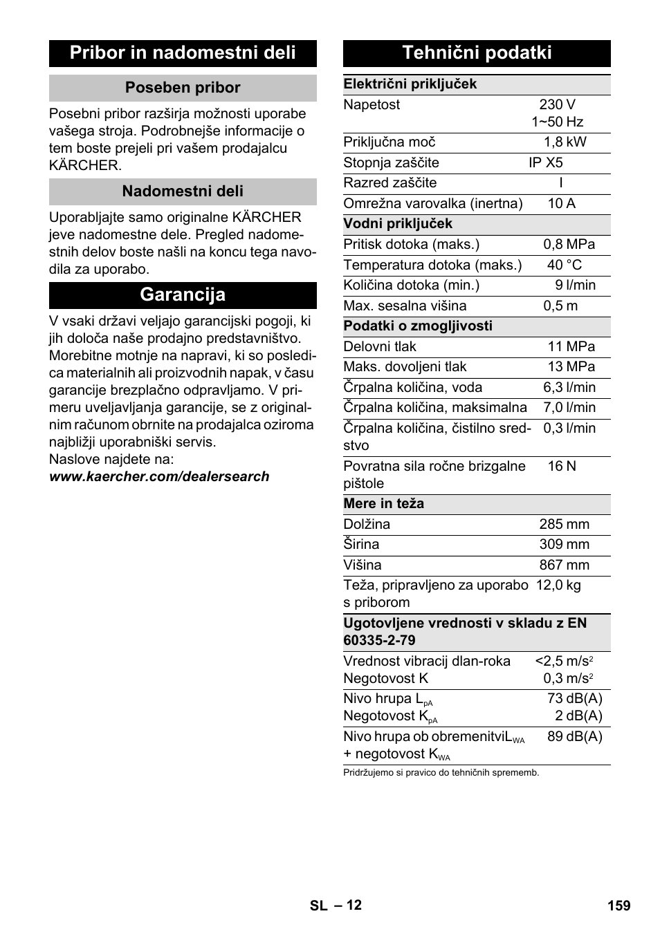 Pribor in nadomestni deli, Poseben pribor, Nadomestni deli | Garancija, Tehnični podatki, Garancija tehnični podatki | Karcher K 4 Basic User Manual | Page 159 / 254