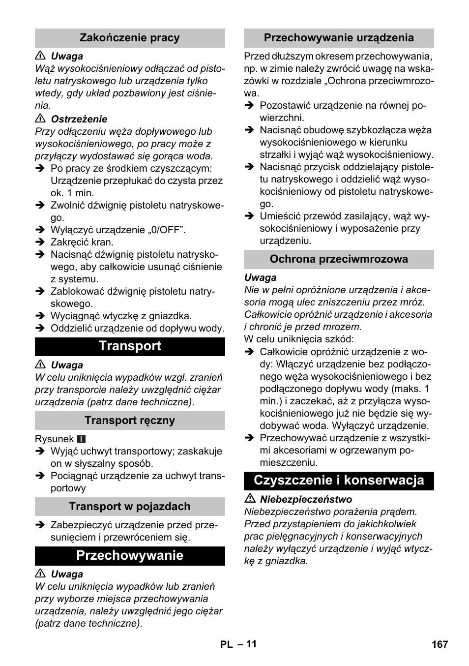 Zakończenie pracy, Transport, Transport ręczny | Transport w pojazdach, Przechowywanie, Przechowywanie urządzenia, Ochrona przeciwmrozowa, Czyszczenie i konserwacja | Karcher K 4 Basic User Manual | Page 167 / 254