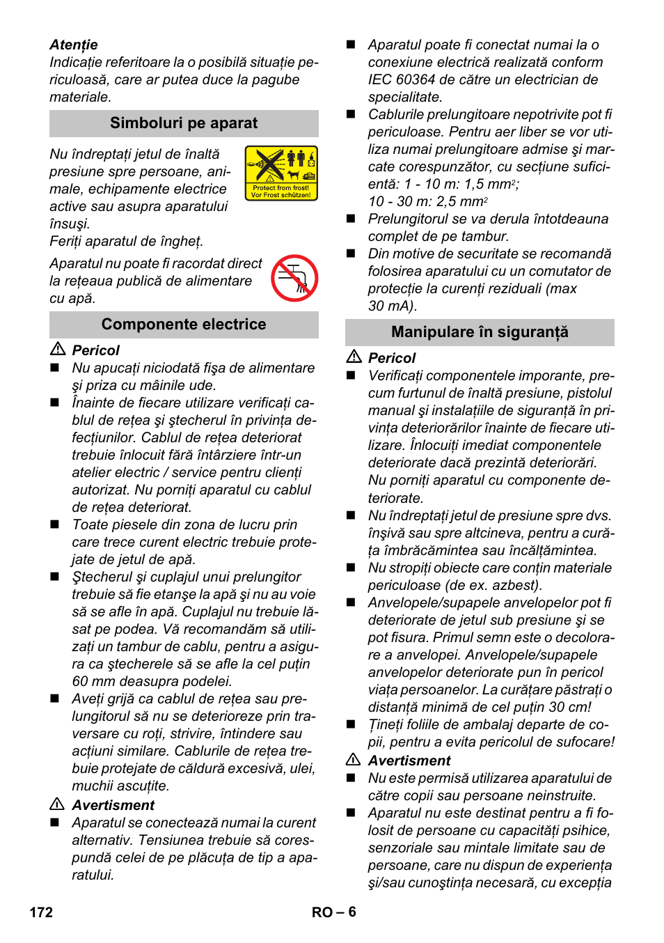 Simboluri pe aparat, Componente electrice, Manipulare în siguranţă | Karcher K 4 Basic User Manual | Page 172 / 254