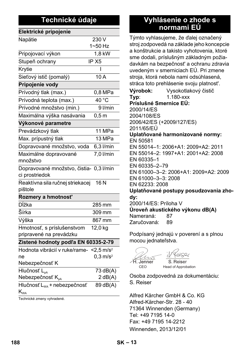 Technické údaje, Vyhlásenie o zhode s normami eú | Karcher K 4 Basic User Manual | Page 188 / 254