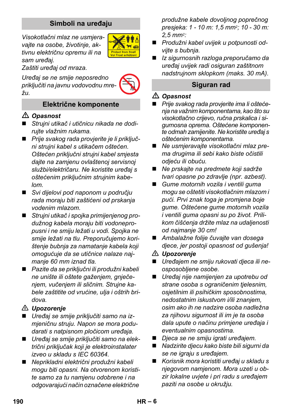 Simboli na uređaju, Električne komponente, Siguran rad | Karcher K 4 Basic User Manual | Page 190 / 254