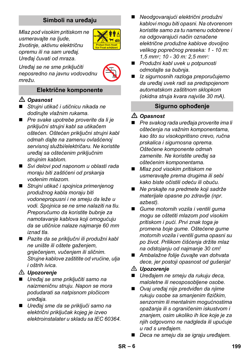 Simboli na uređaju, Električne komponente, Sigurno ophođenje | Karcher K 4 Basic User Manual | Page 199 / 254