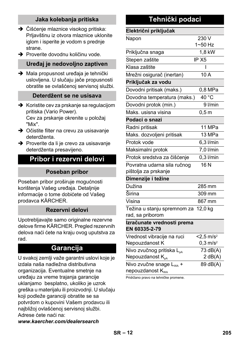 Jaka kolebanja pritiska, Uređaj je nedovoljno zaptiven, Deterdžent se ne usisava | Pribor i rezervni delovi, Poseban pribor, Rezervni delovi, Garancija, Tehnički podaci, Garancija tehnički podaci | Karcher K 4 Basic User Manual | Page 205 / 254