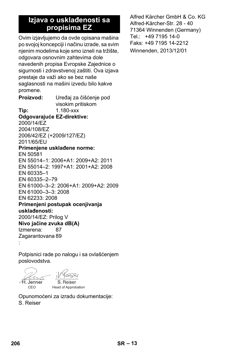 Izjava o usklađenosti sa propisima ez | Karcher K 4 Basic User Manual | Page 206 / 254