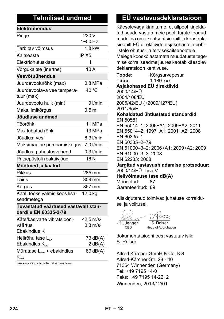 Tehnilised andmed, Eü vastavusdeklaratsioon | Karcher K 4 Basic User Manual | Page 224 / 254