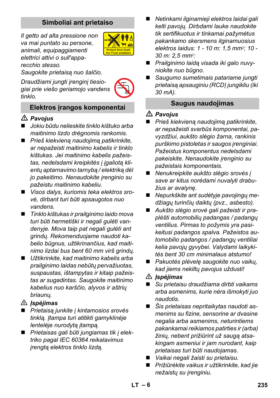 Simboliai ant prietaiso, Elektros įrangos komponentai, Saugus naudojimas | Karcher K 4 Basic User Manual | Page 235 / 254