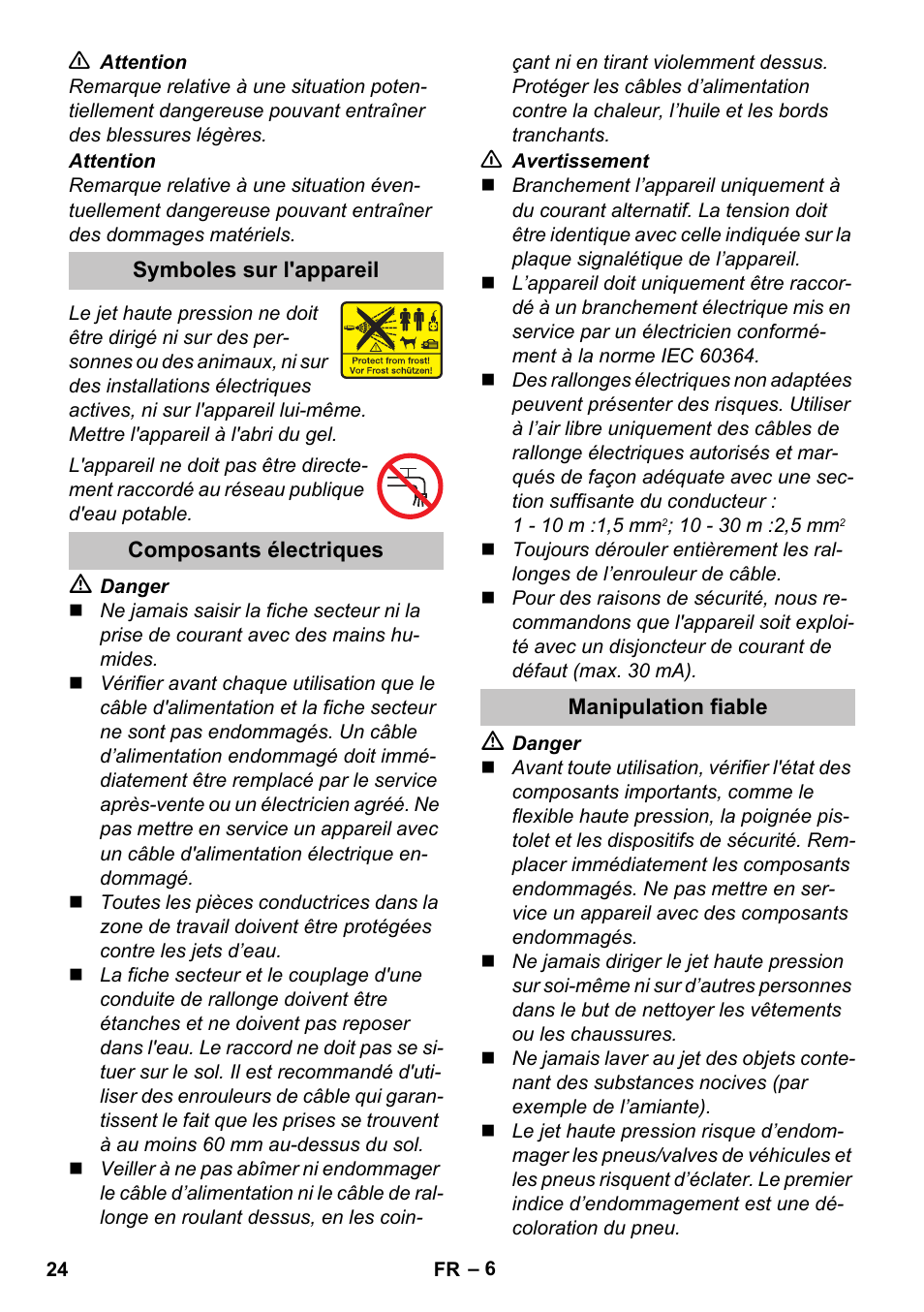 Symboles sur l'appareil, Composants électriques, Manipulation fiable | Karcher K 4 Basic User Manual | Page 24 / 254