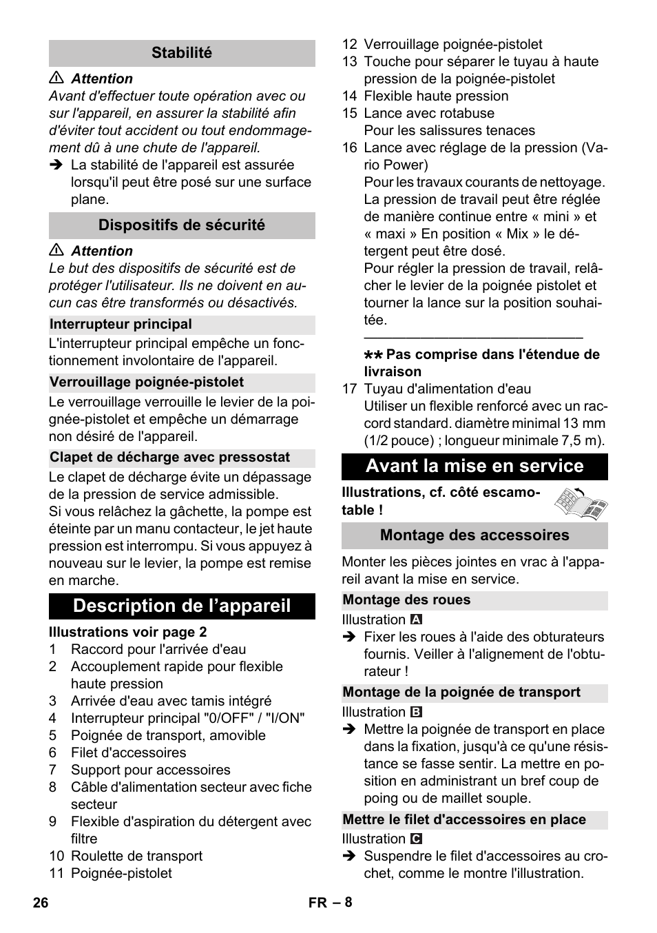 Stabilité, Dispositifs de sécurité, Interrupteur principal | Verrouillage poignée-pistolet, Clapet de décharge avec pressostat, Description de l’appareil, Avant la mise en service, Montage des accessoires, Montage des roues, Montage de la poignée de transport | Karcher K 4 Basic User Manual | Page 26 / 254