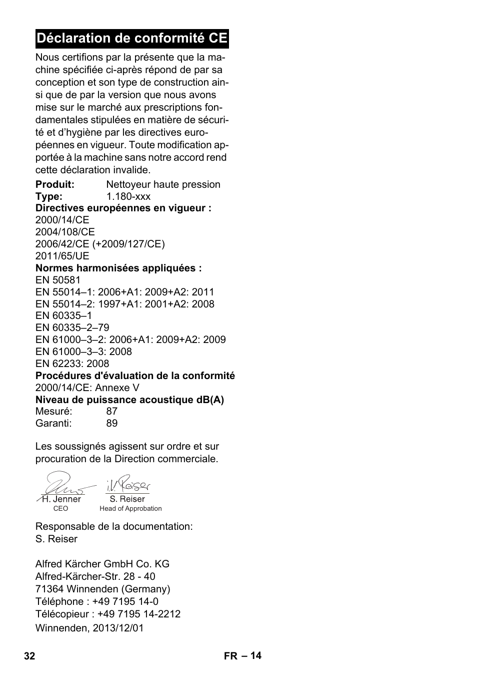 Déclaration de conformité ce | Karcher K 4 Basic User Manual | Page 32 / 254