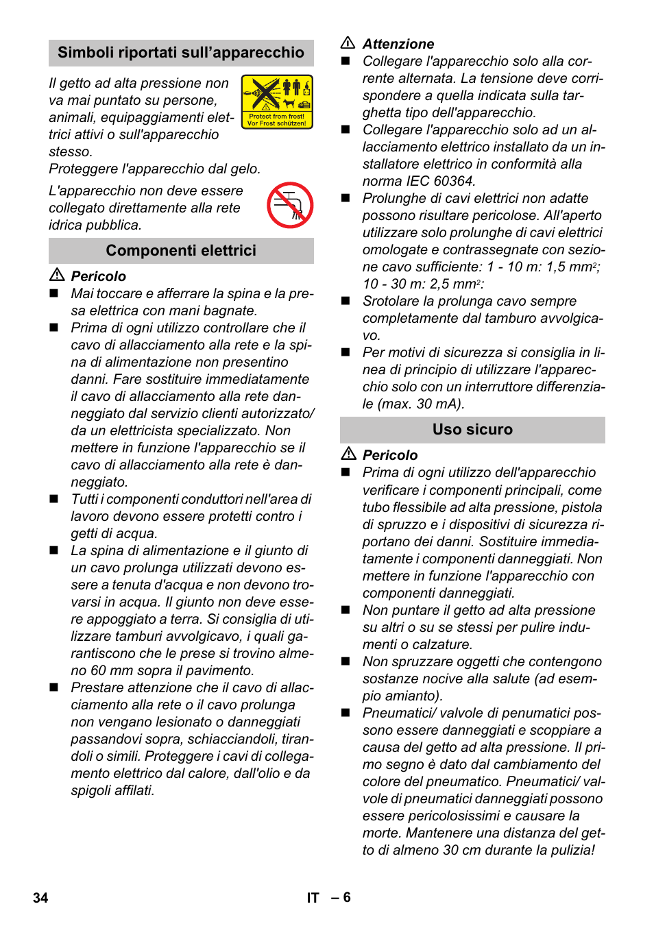 Simboli riportati sull’apparecchio, Componenti elettrici, Uso sicuro | Karcher K 4 Basic User Manual | Page 34 / 254