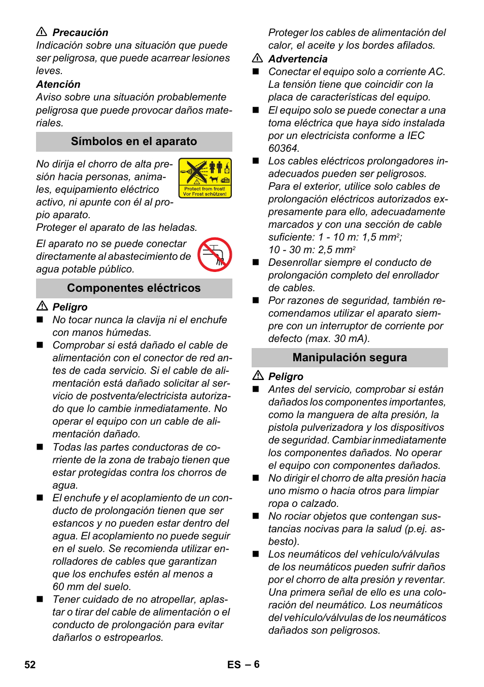 Símbolos en el aparato, Componentes eléctricos, Manipulación segura | Karcher K 4 Basic User Manual | Page 52 / 254