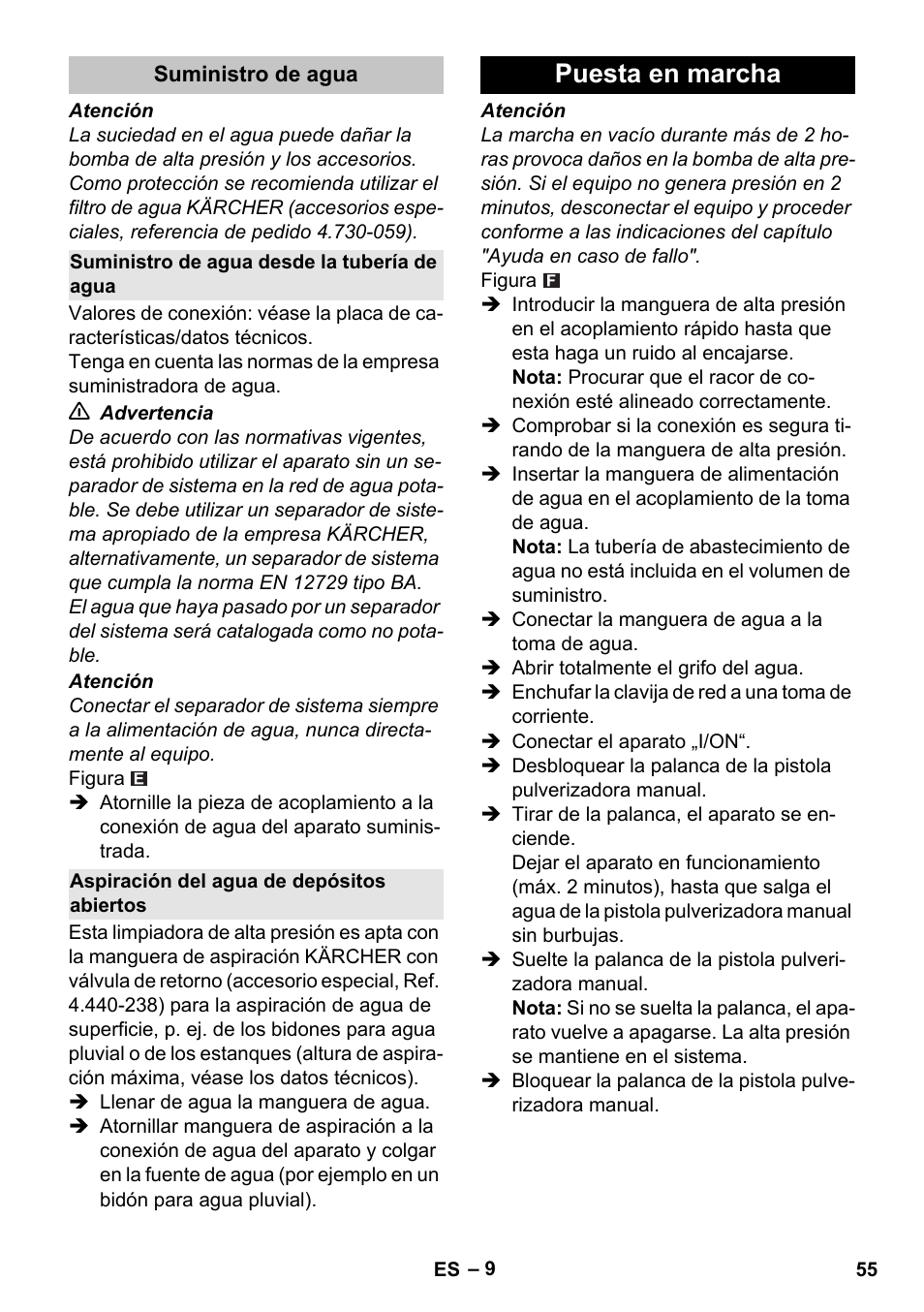 Suministro de agua, Suministro de agua desde la tubería de agua, Aspiración del agua de depósitos abiertos | Puesta en marcha | Karcher K 4 Basic User Manual | Page 55 / 254