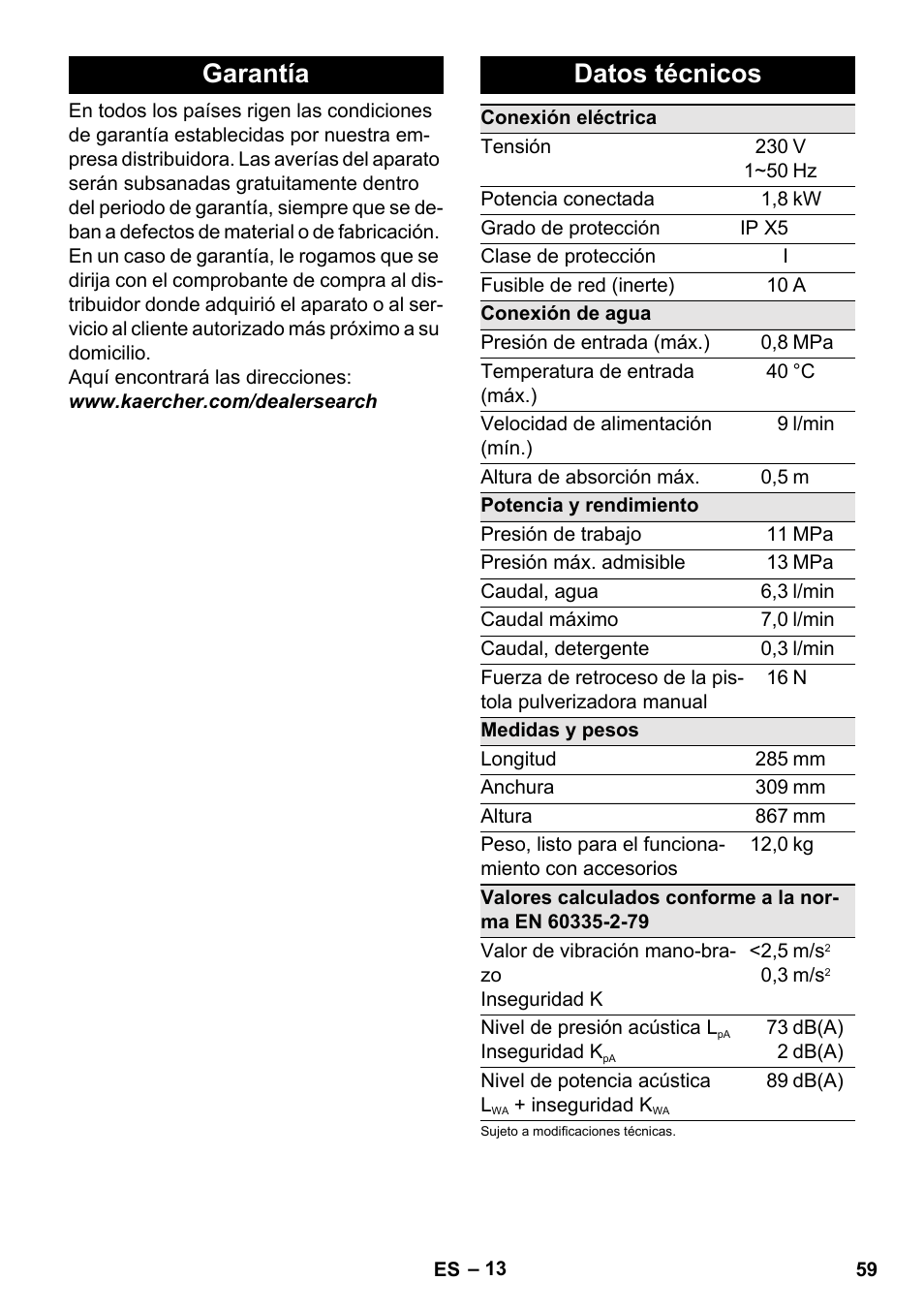 Garantía, Datos técnicos, Garantía datos técnicos | Karcher K 4 Basic User Manual | Page 59 / 254