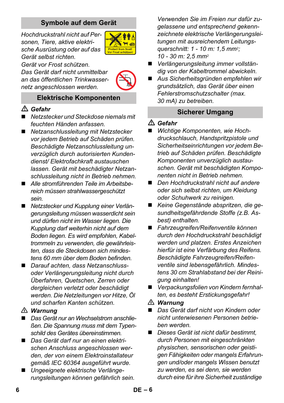 Symbole auf dem gerät, Elektrische komponenten, Sicherer umgang | Karcher K 4 Basic User Manual | Page 6 / 254