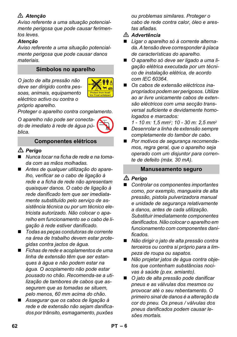 Símbolos no aparelho, Componentes elétricos, Manuseamento seguro | Karcher K 4 Basic User Manual | Page 62 / 254