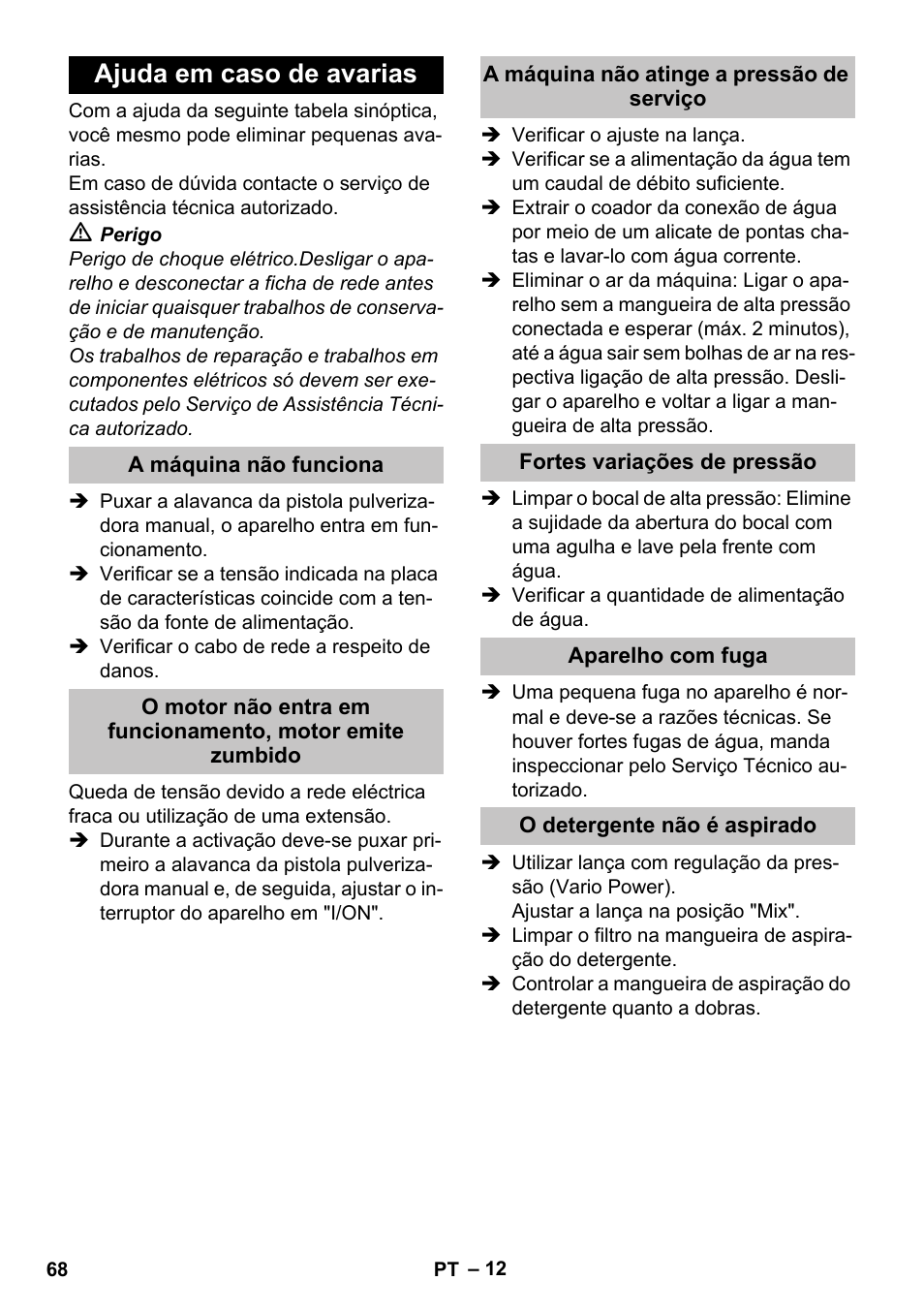 Ajuda em caso de avarias, A máquina não funciona, A máquina não atinge a pressão de serviço | Fortes variações de pressão, Aparelho com fuga, O detergente nгo й aspirado | Karcher K 4 Basic User Manual | Page 68 / 254