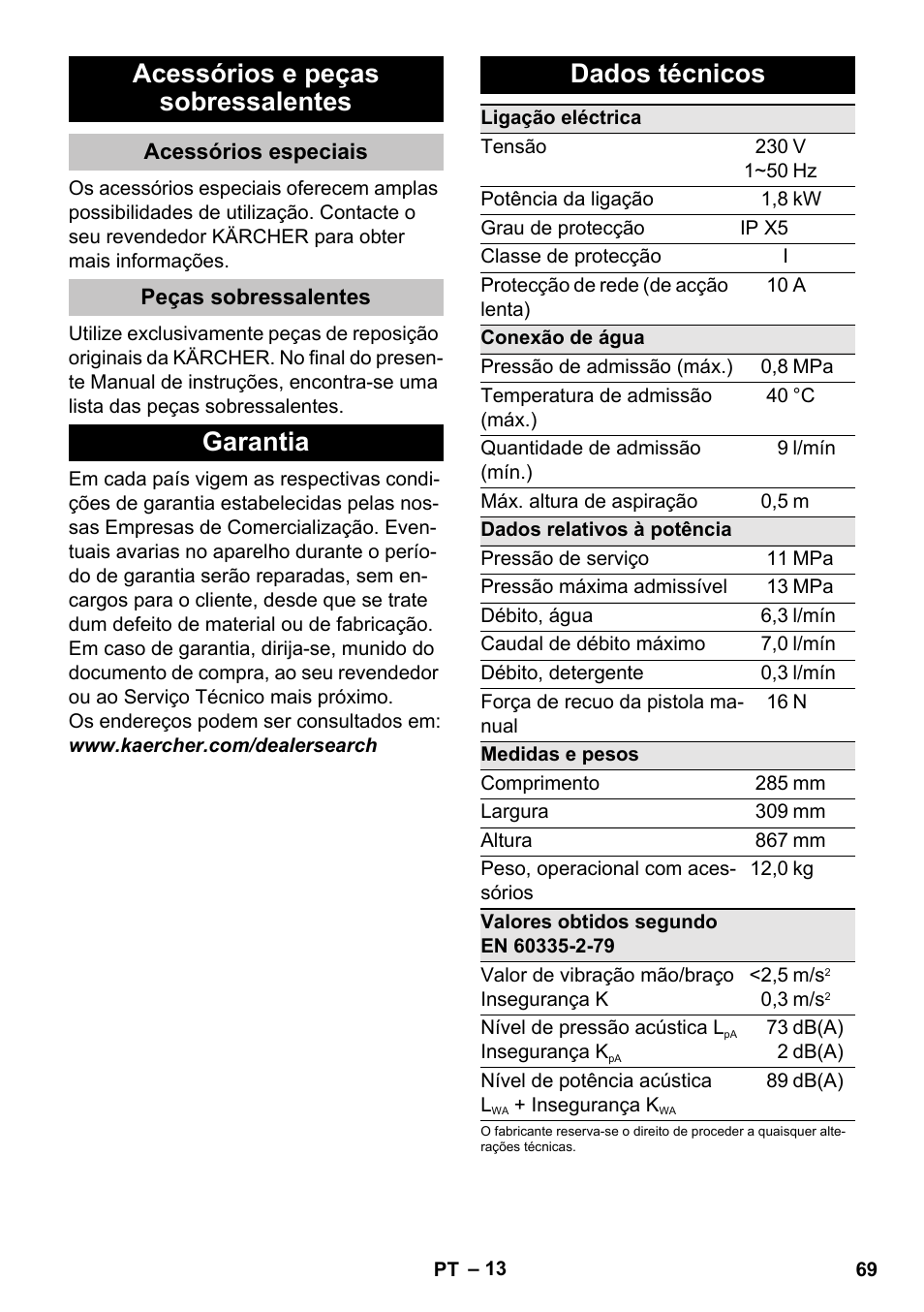 Acessórios e peças sobressalentes, Acessórios especiais, Peças sobressalentes | Garantia, Dados técnicos, Garantia dados técnicos | Karcher K 4 Basic User Manual | Page 69 / 254