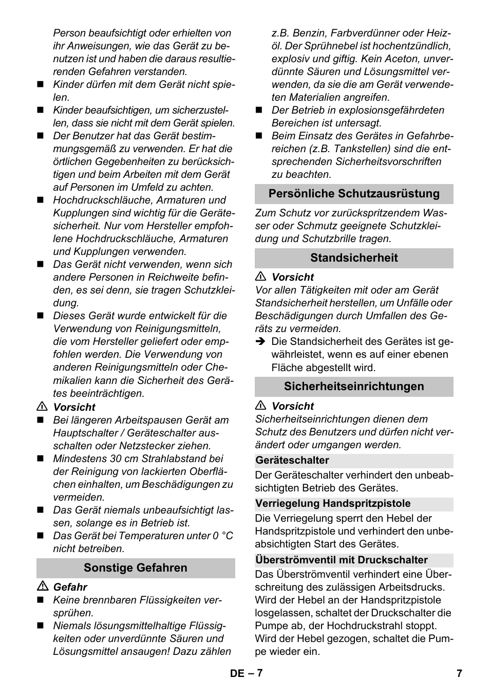 Sonstige gefahren, Persönliche schutzausrüstung, Standsicherheit | Sicherheitseinrichtungen, Geräteschalter, Verriegelung handspritzpistole, Überströmventil mit druckschalter | Karcher K 4 Basic User Manual | Page 7 / 254