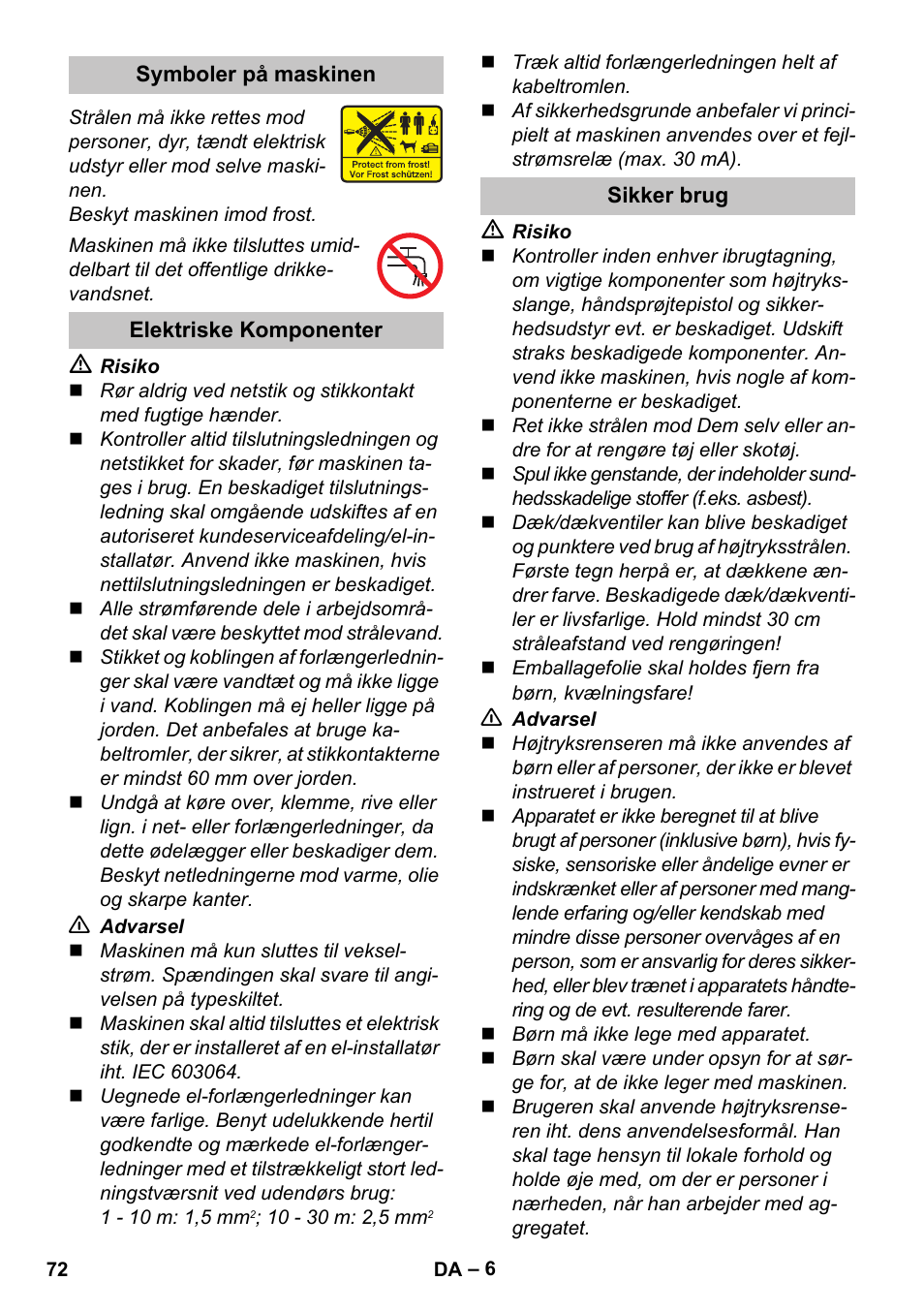 Symboler på maskinen, Elektriske komponenter, Sikker brug | Karcher K 4 Basic User Manual | Page 72 / 254