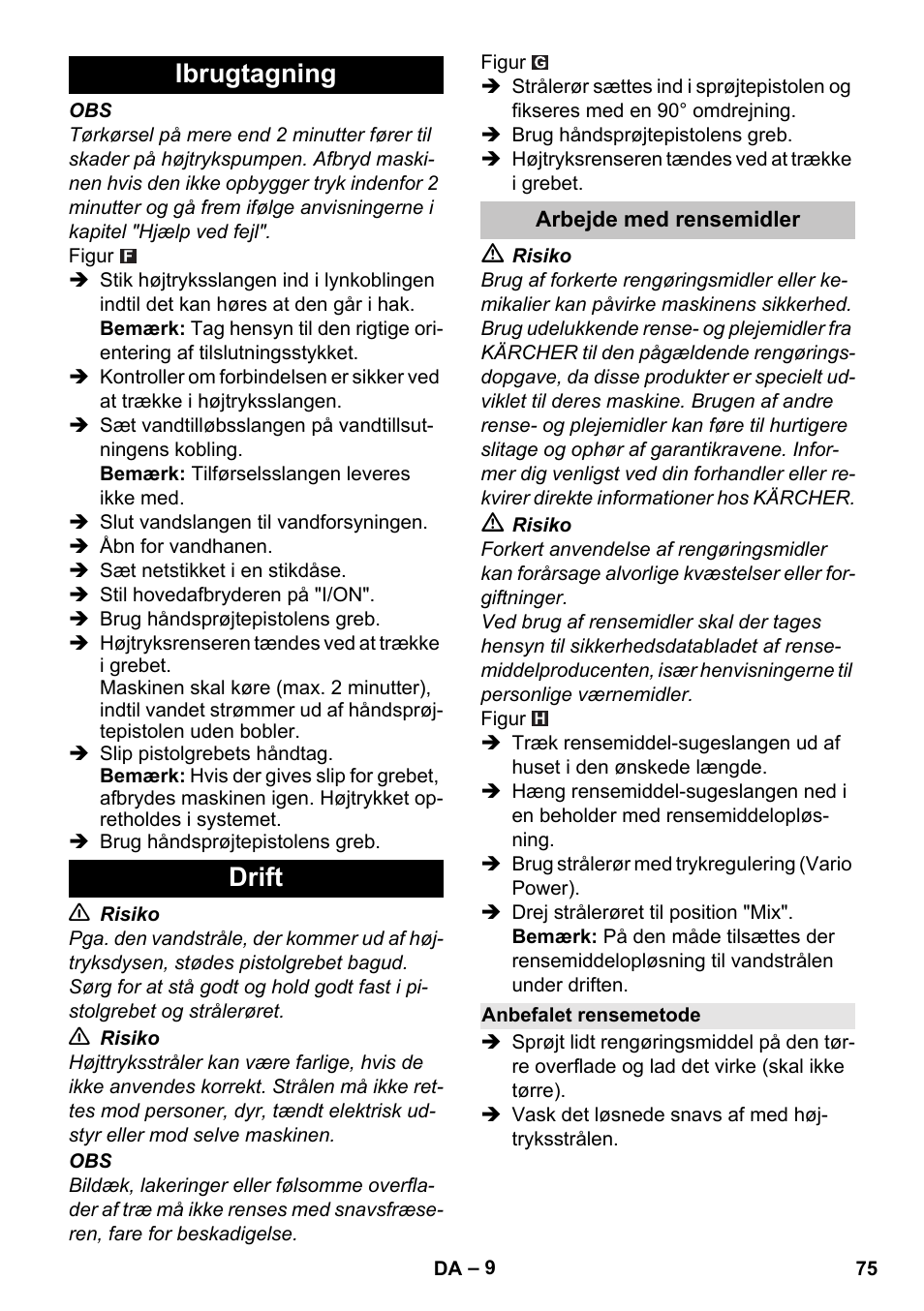 Ibrugtagning, Drift, Arbejde med rensemidler | Anbefalet rensemetode, Ibrugtagning drift | Karcher K 4 Basic User Manual | Page 75 / 254