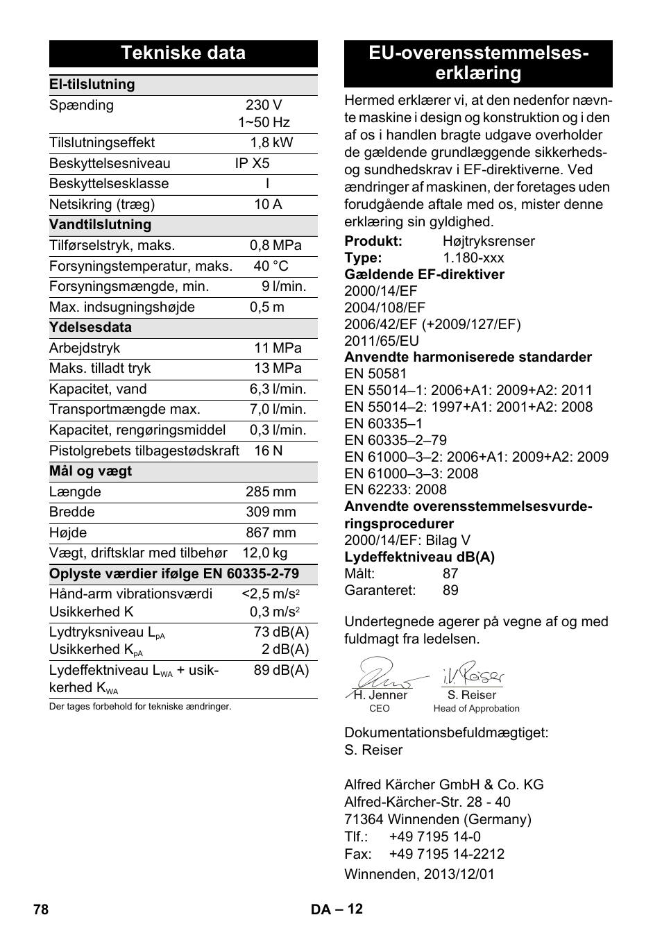 Tekniske data, Eu-overensstemmelses- erklæring | Karcher K 4 Basic User Manual | Page 78 / 254