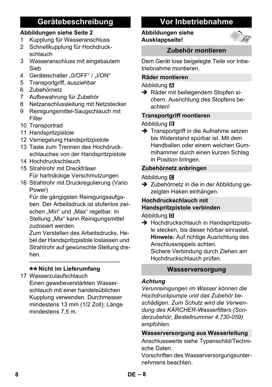 Gerätebeschreibung, Vor inbetriebnahme, Zubehör montieren | Räder montieren, Transportgriff montieren, Zubehörnetz anbringen, Hochdruckschlauch mit handspritzpistole verbinden, Wasserversorgung, Wasserversorgung aus wasserleitung, Gerätebeschreibung vor inbetriebnahme | Karcher K 4 Basic User Manual | Page 8 / 254