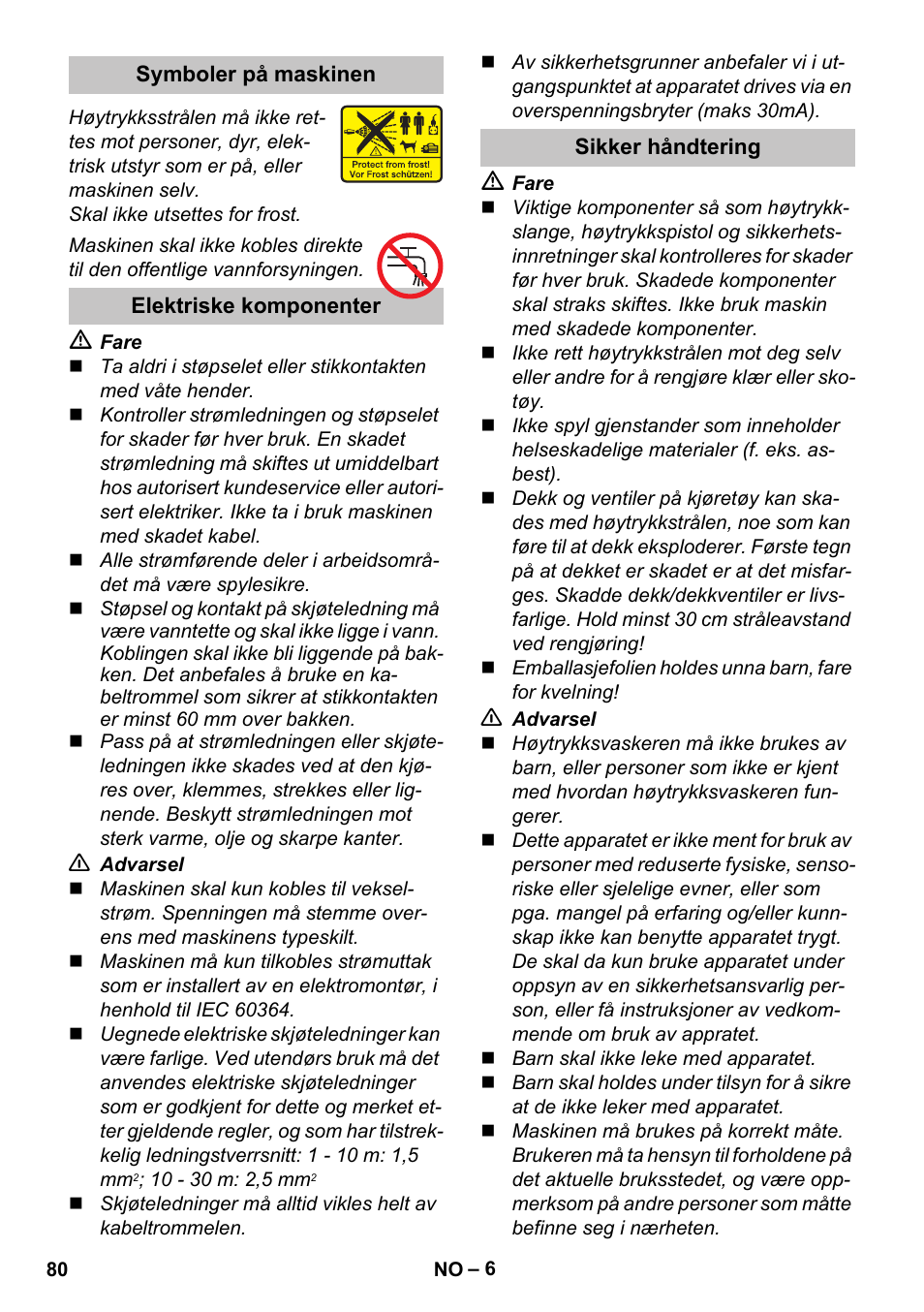 Symboler på maskinen, Elektriske komponenter, Sikker håndtering | Karcher K 4 Basic User Manual | Page 80 / 254