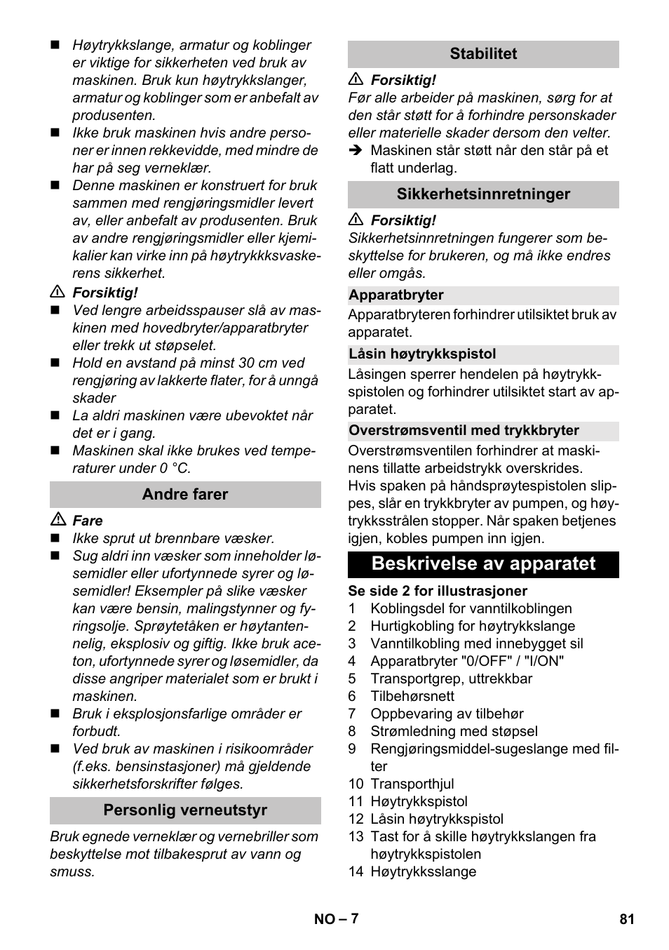 Andre farer, Personlig verneutstyr, Stabilitet | Sikkerhetsinnretninger, Apparatbryter, Låsin høytrykkspistol, Overstrømsventil med trykkbryter, Beskrivelse av apparatet | Karcher K 4 Basic User Manual | Page 81 / 254