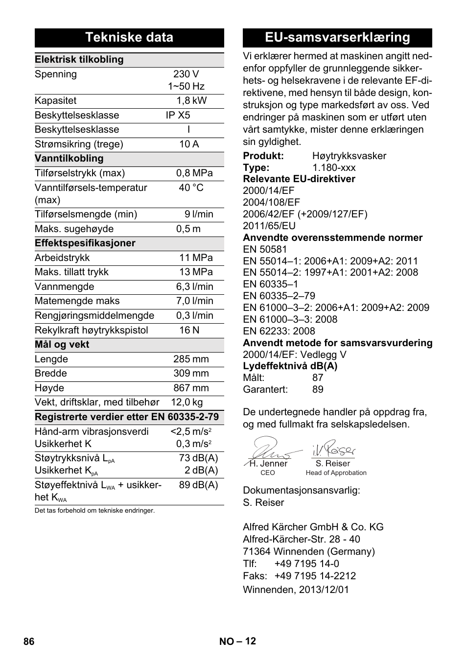 Tekniske data, Eu-samsvarserklæring | Karcher K 4 Basic User Manual | Page 86 / 254