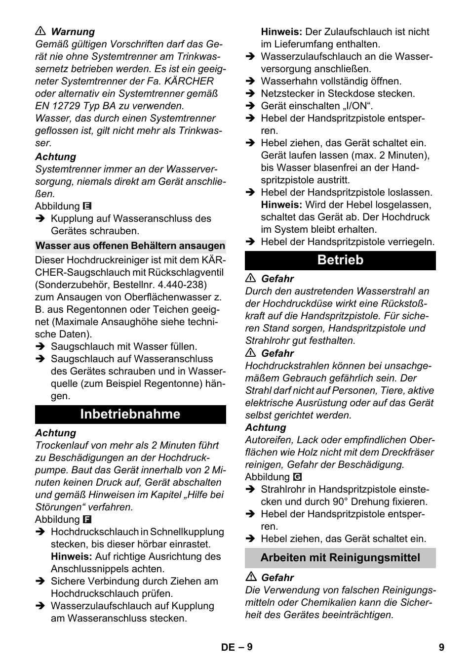 Wasser aus offenen behältern ansaugen, Inbetriebnahme, Betrieb | Arbeiten mit reinigungsmittel, Inbetriebnahme betrieb | Karcher K 4 Basic User Manual | Page 9 / 254