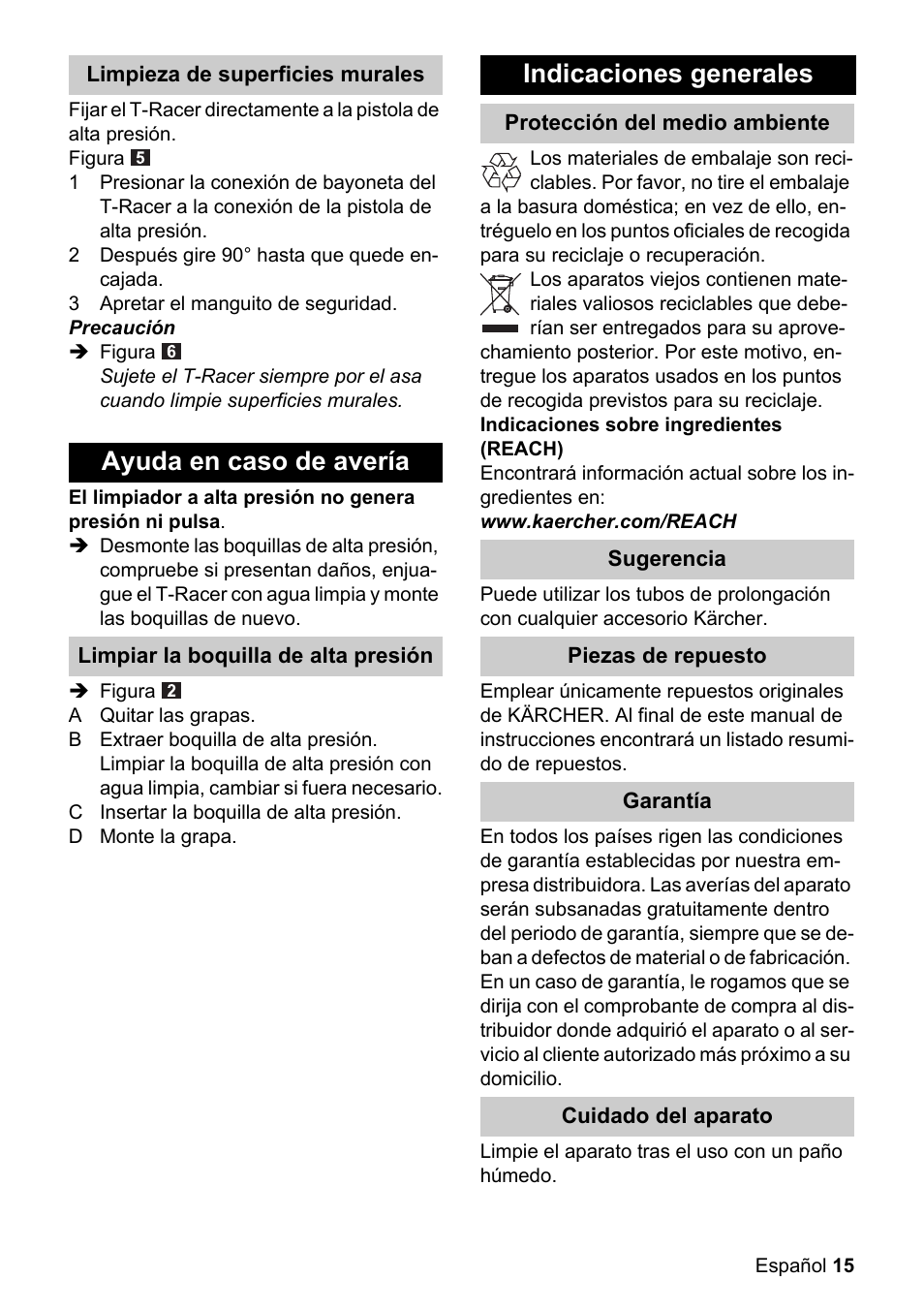 Ayuda en caso de avería, Indicaciones generales | Karcher K 4 Premium eco!ogic Home User Manual | Page 15 / 64