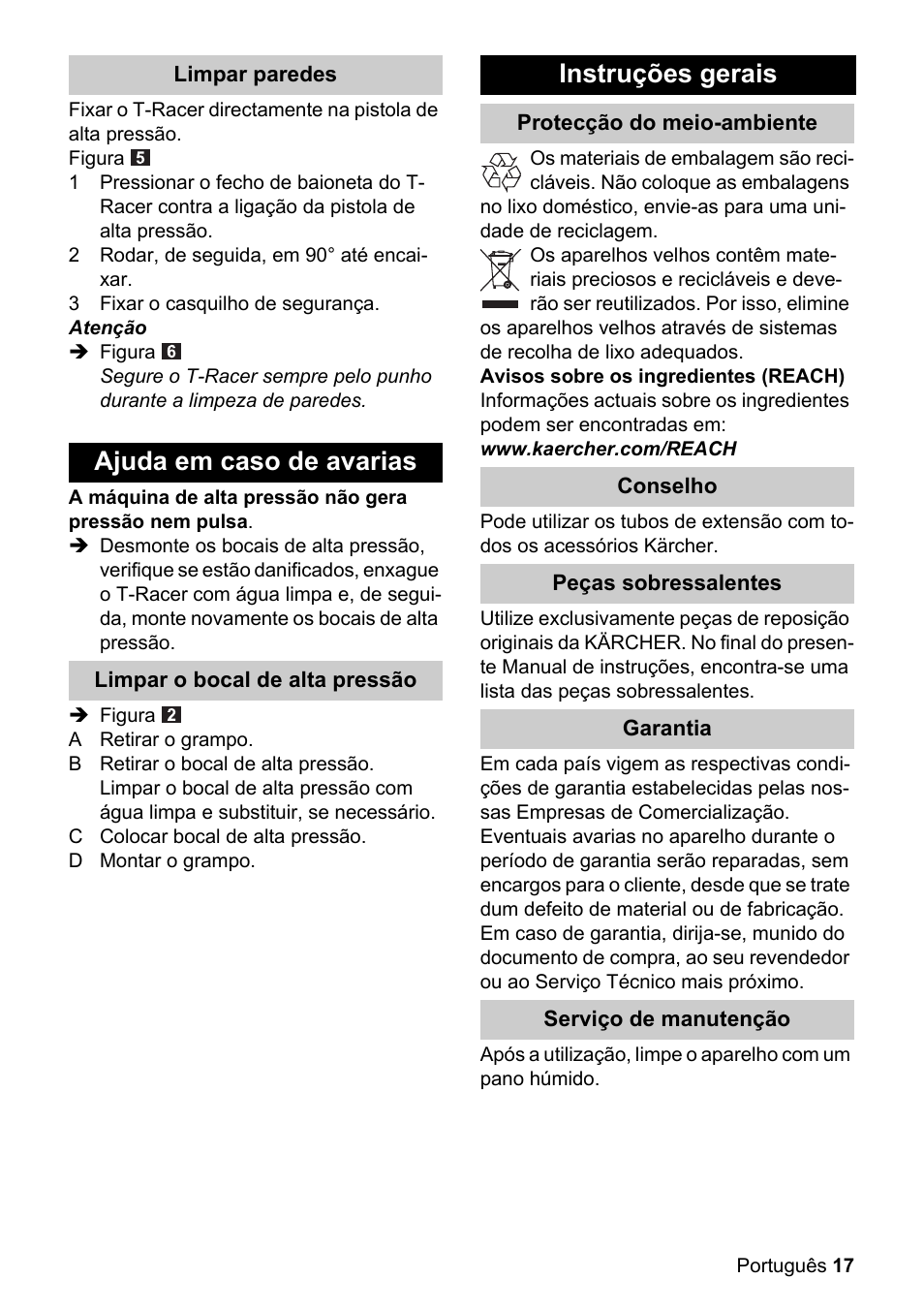 Ajuda em caso de avarias, Instruções gerais | Karcher K 4 Premium eco!ogic Home User Manual | Page 17 / 64