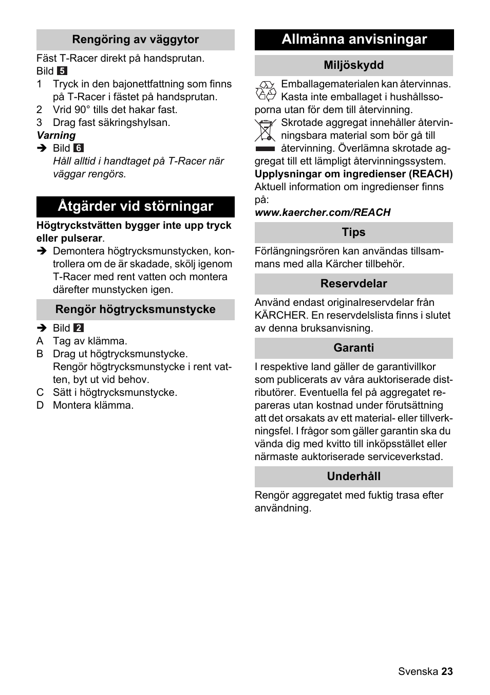 Åtgärder vid störningar, Allmänna anvisningar | Karcher K 4 Premium eco!ogic Home User Manual | Page 23 / 64