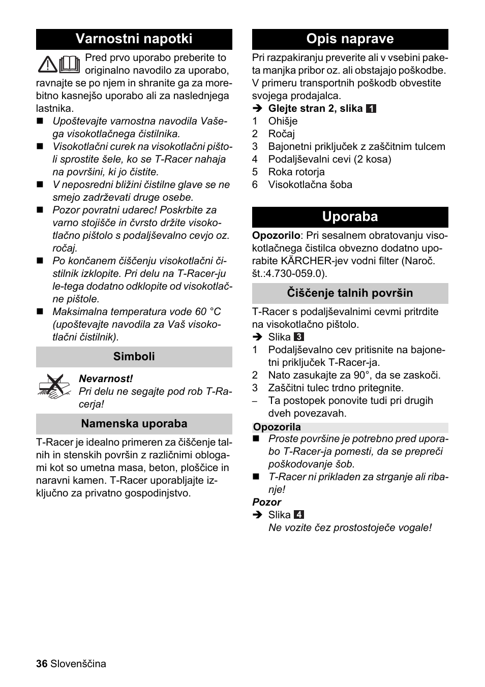 Obj_doku-100009-001, Varnostni napotki, Opis naprave uporaba | Karcher K 4 Premium eco!ogic Home User Manual | Page 36 / 64