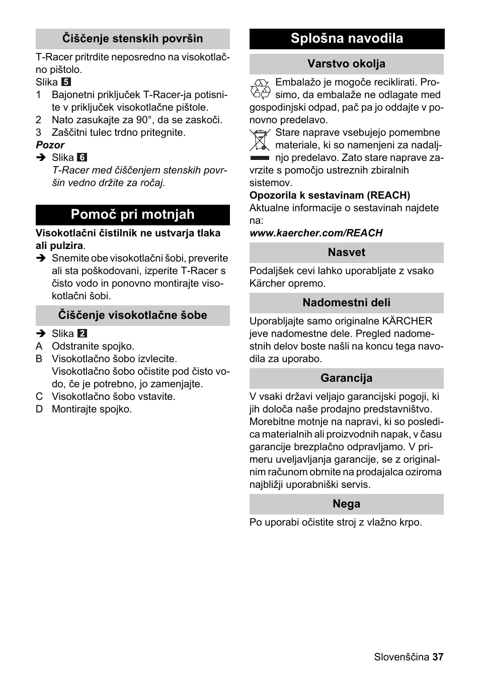 Pomoč pri motnjah, Splošna navodila | Karcher K 4 Premium eco!ogic Home User Manual | Page 37 / 64