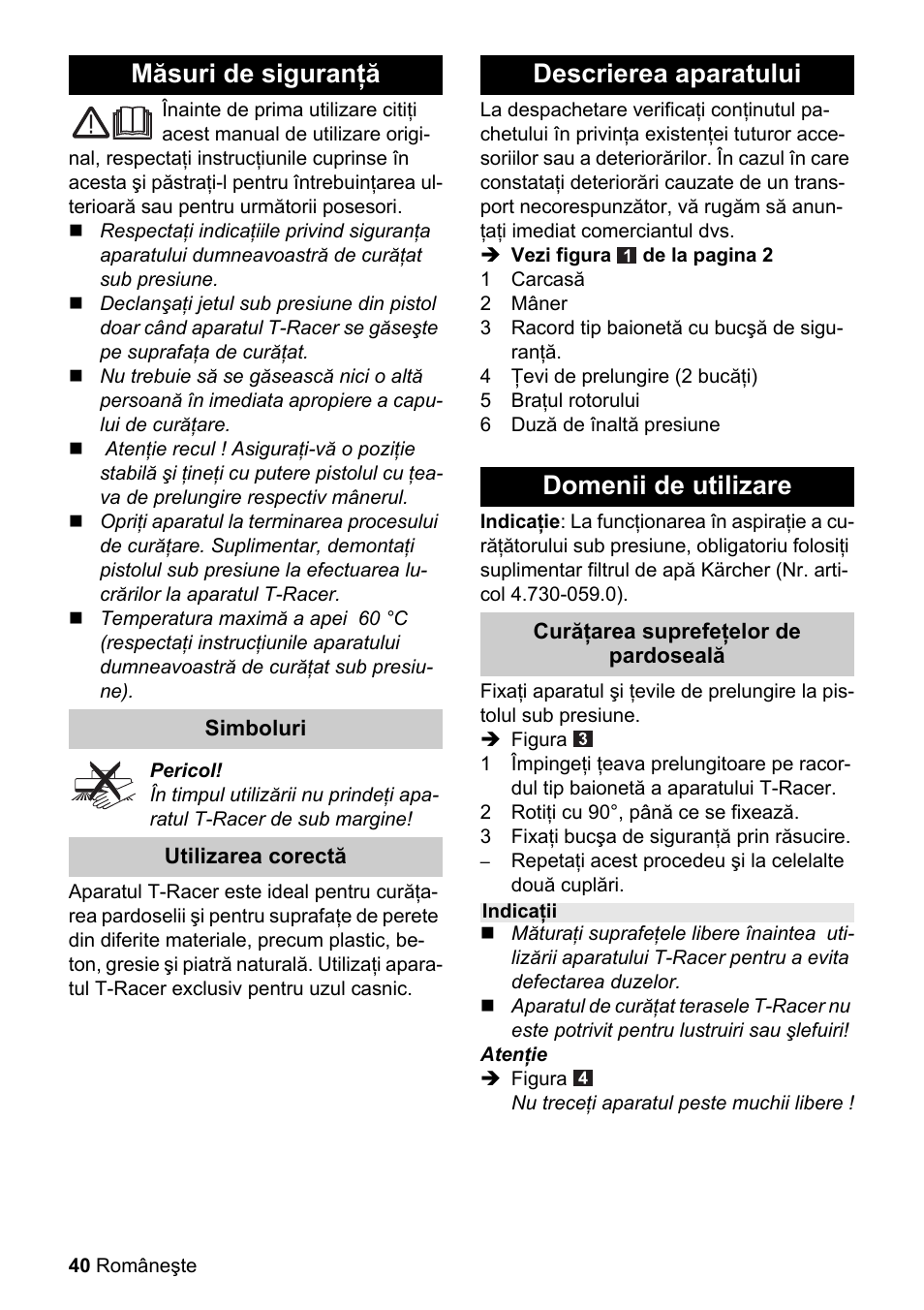 Obj_doku-100011-001, Măsuri de siguranţă, Descrierea aparatului domenii de utilizare | Karcher K 4 Premium eco!ogic Home User Manual | Page 40 / 64