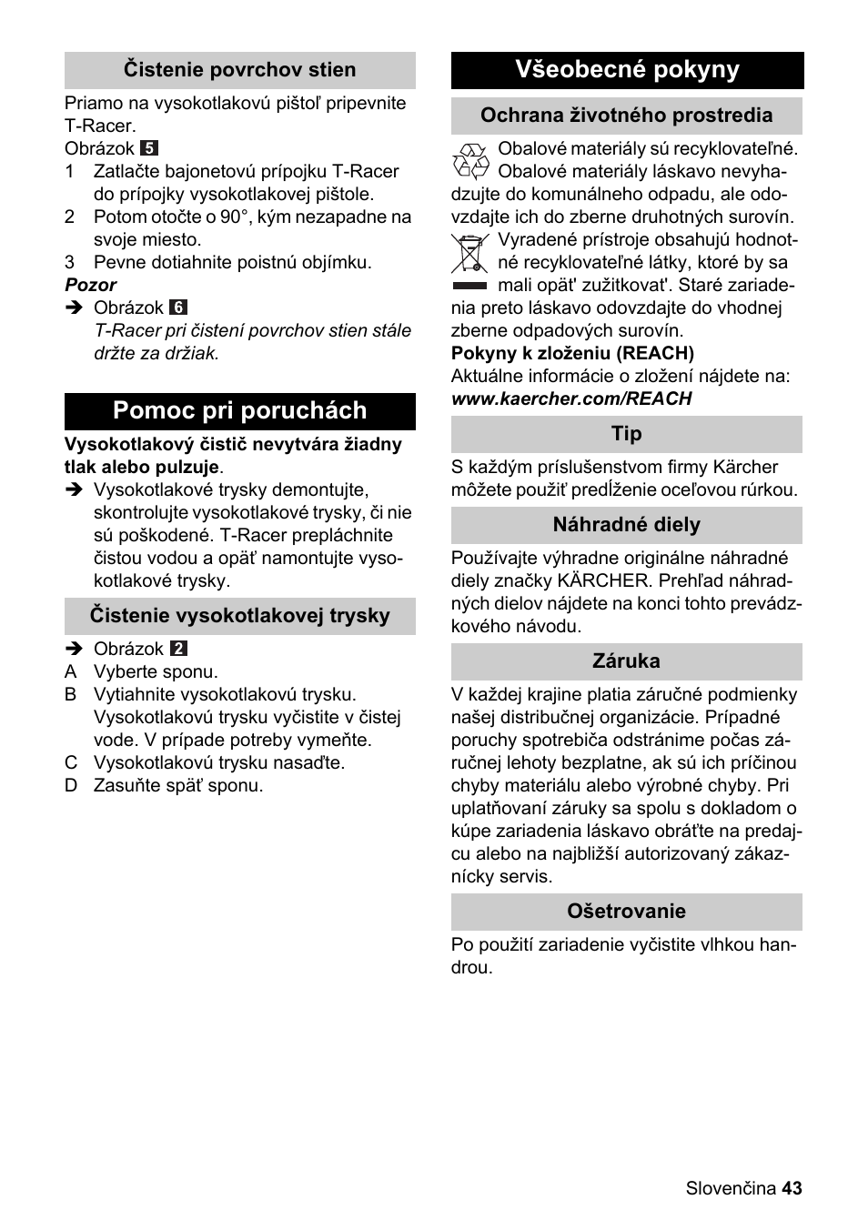 Pomoc pri poruchách, Všeobecné pokyny | Karcher K 4 Premium eco!ogic Home User Manual | Page 43 / 64
