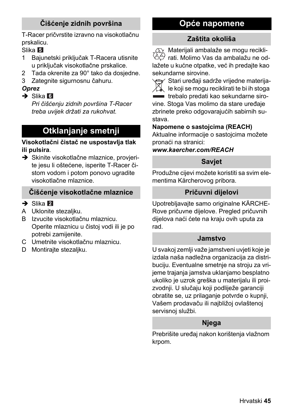 Otklanjanje smetnji, Opće napomene | Karcher K 4 Premium eco!ogic Home User Manual | Page 45 / 64