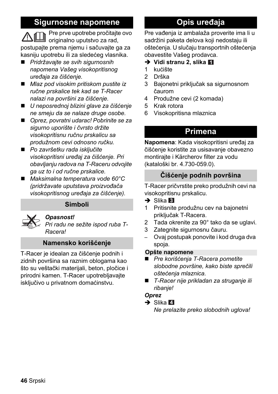 Obj_doku-100014-001, Sigurnosne napomene, Opis uređaja primena | Karcher K 4 Premium eco!ogic Home User Manual | Page 46 / 64