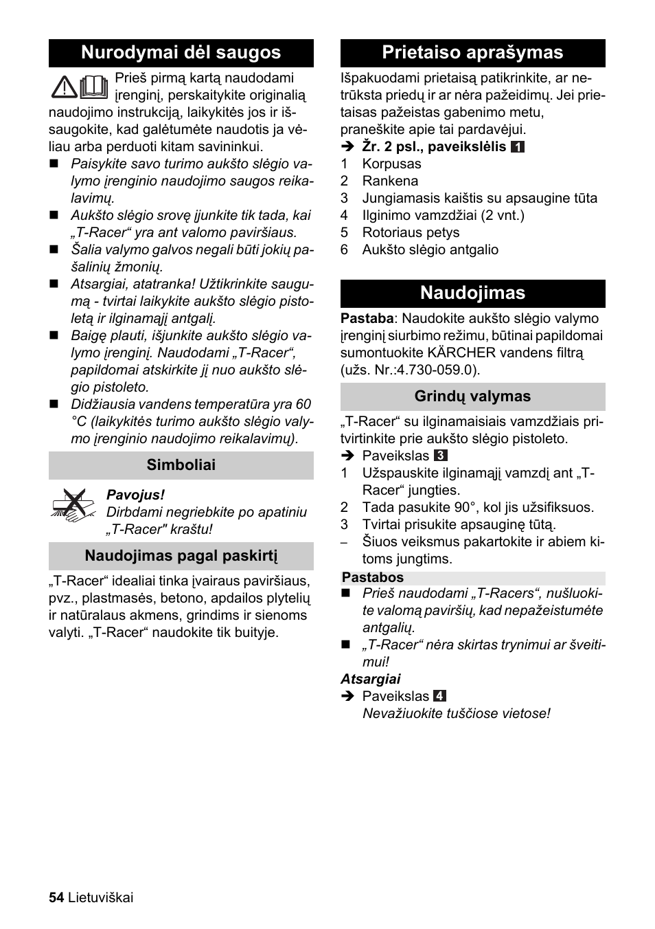 Obj_doku-100018-001, Nurodymai dėl saugos, Prietaiso aprašymas naudojimas | Karcher K 4 Premium eco!ogic Home User Manual | Page 54 / 64