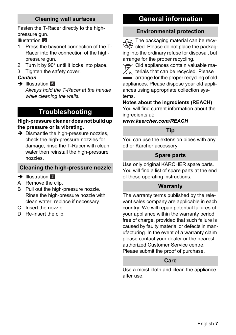 Troubleshooting, General information | Karcher K 4 Premium eco!ogic Home User Manual | Page 7 / 64